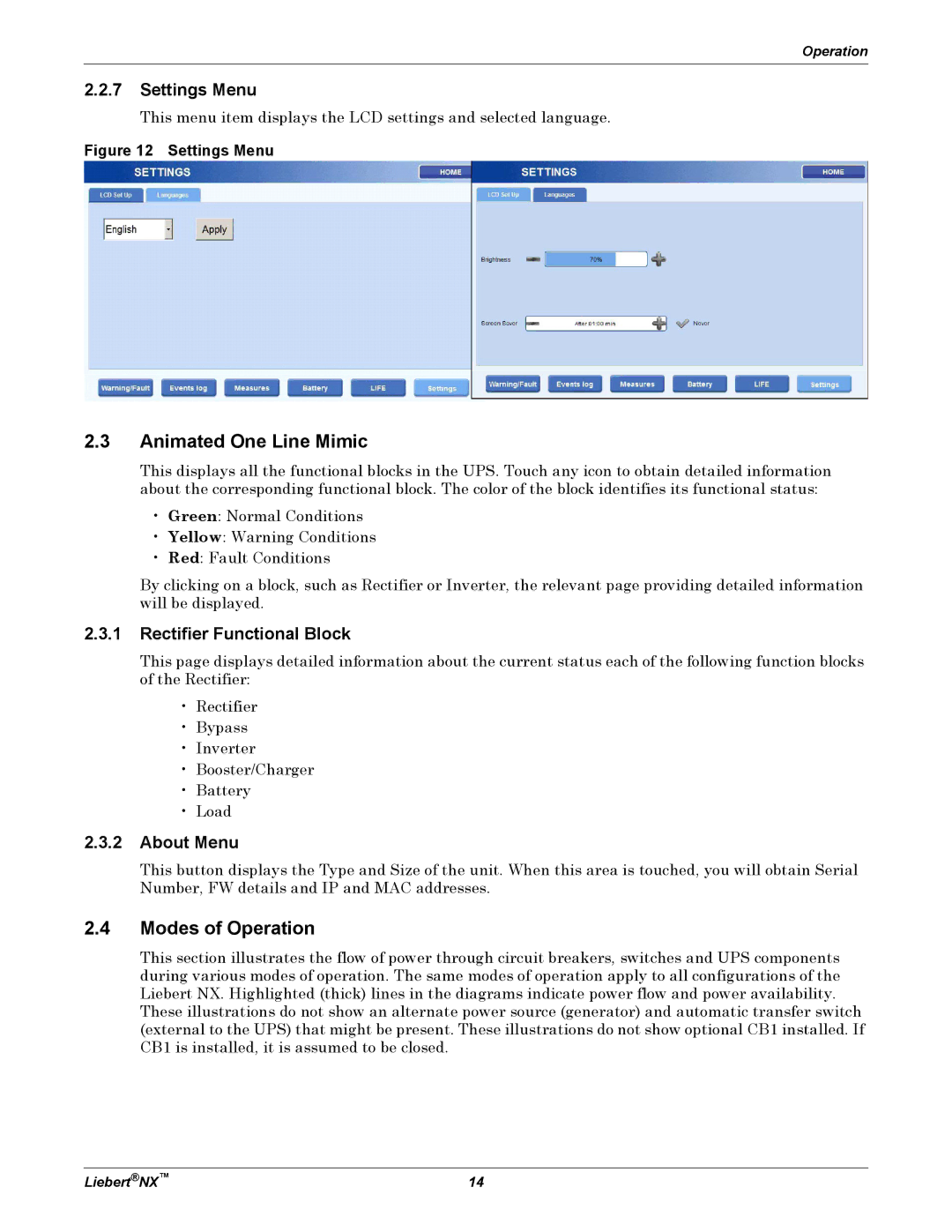 Emerson NX manual Animated One Line Mimic, Settings Menu, Rectifier Functional Block, About Menu 