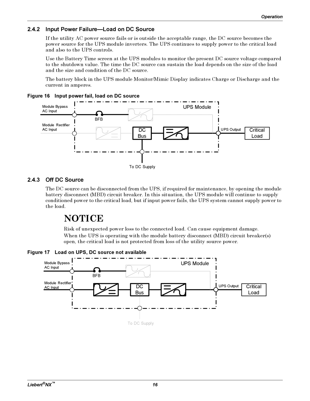 Emerson NX manual Input Power Failure-Load on DC Source, Off DC Source 