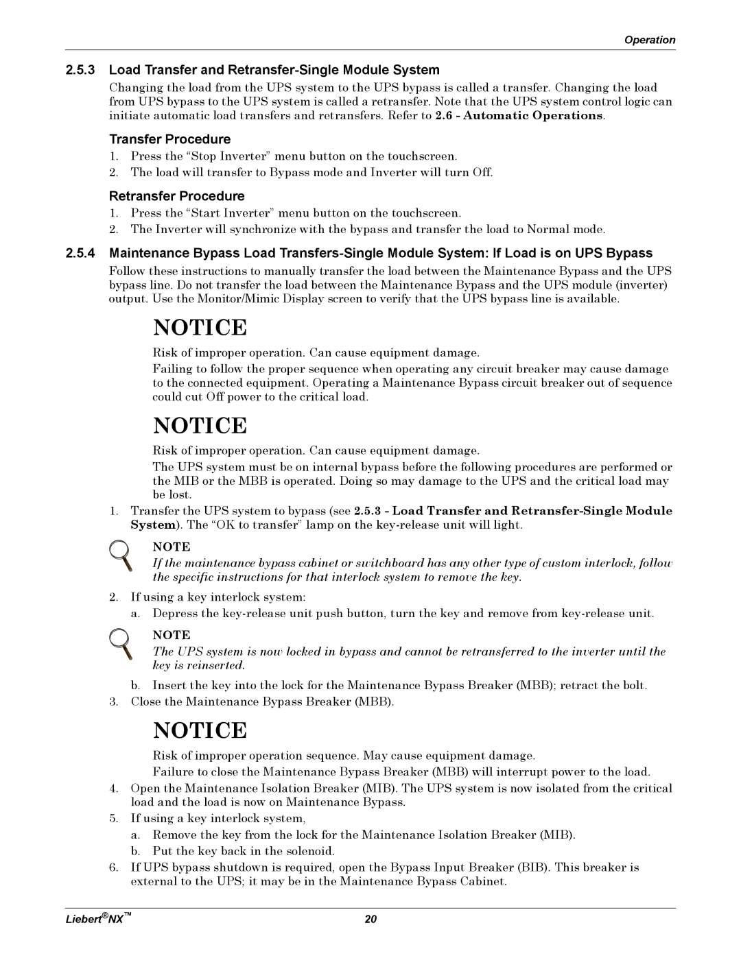 Emerson NX manual Load Transfer and Retransfer-Single Module System, Transfer Procedure, Retransfer Procedure 