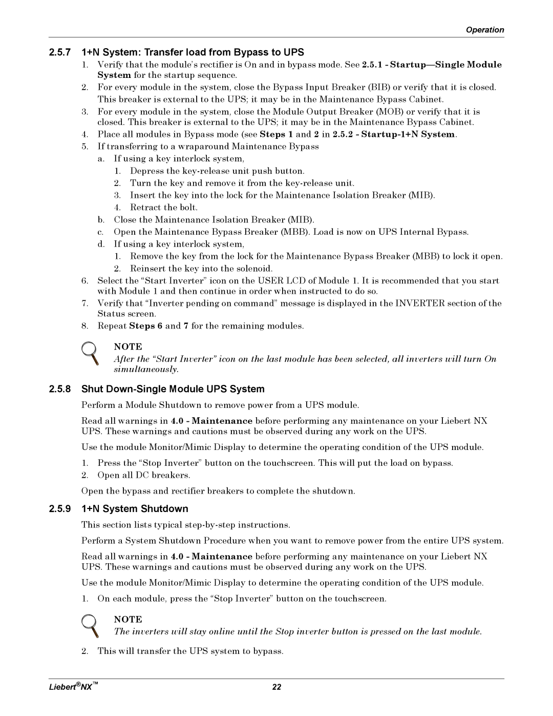 Emerson NX manual 7 1+N System Transfer load from Bypass to UPS, Shut Down-Single Module UPS System, 9 1+N System Shutdown 