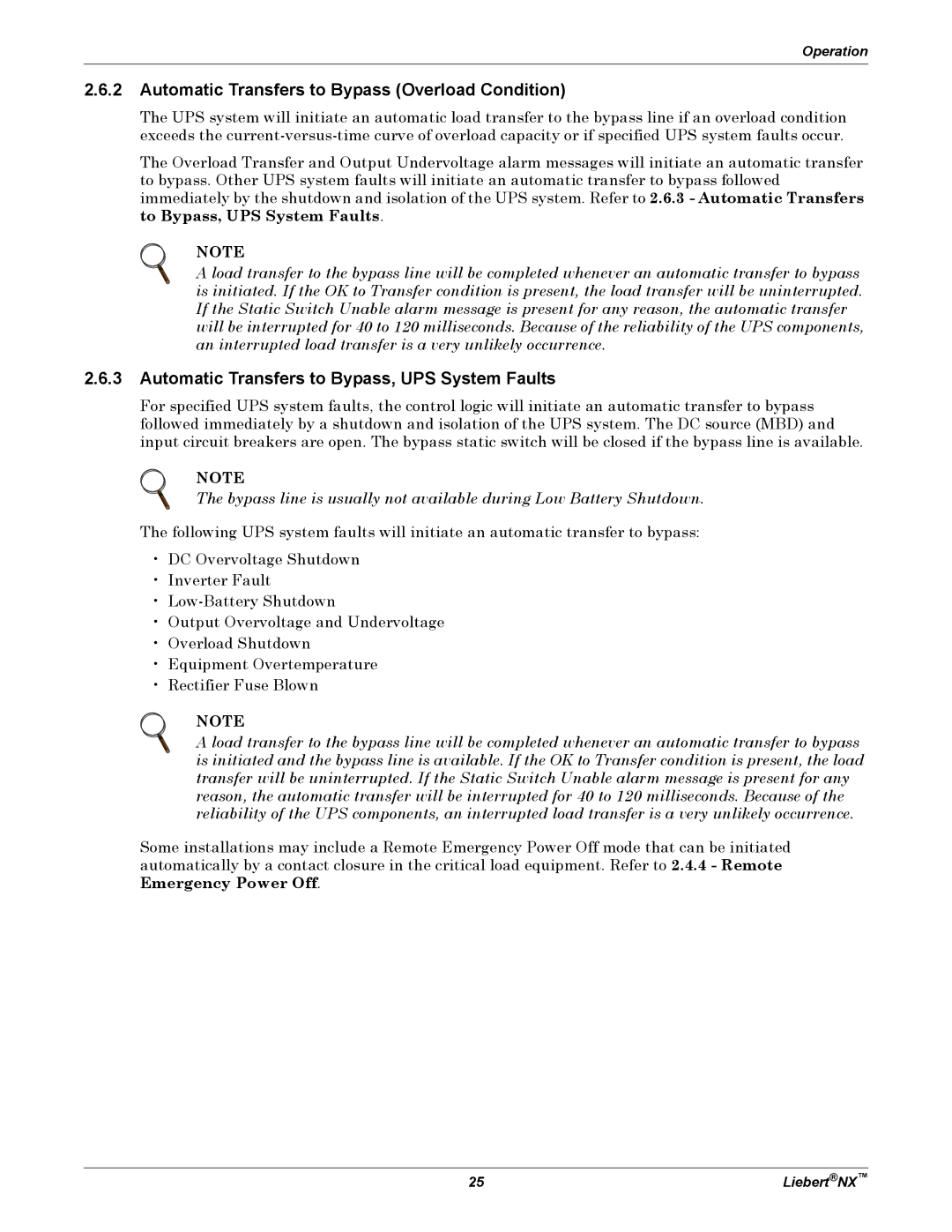 Emerson NX manual Automatic Transfers to Bypass Overload Condition, Automatic Transfers to Bypass, UPS System Faults 