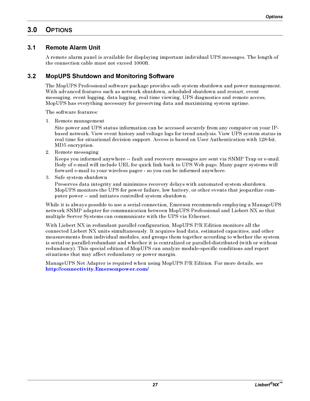 Emerson NX manual Remote Alarm Unit, MopUPS Shutdown and Monitoring Software 