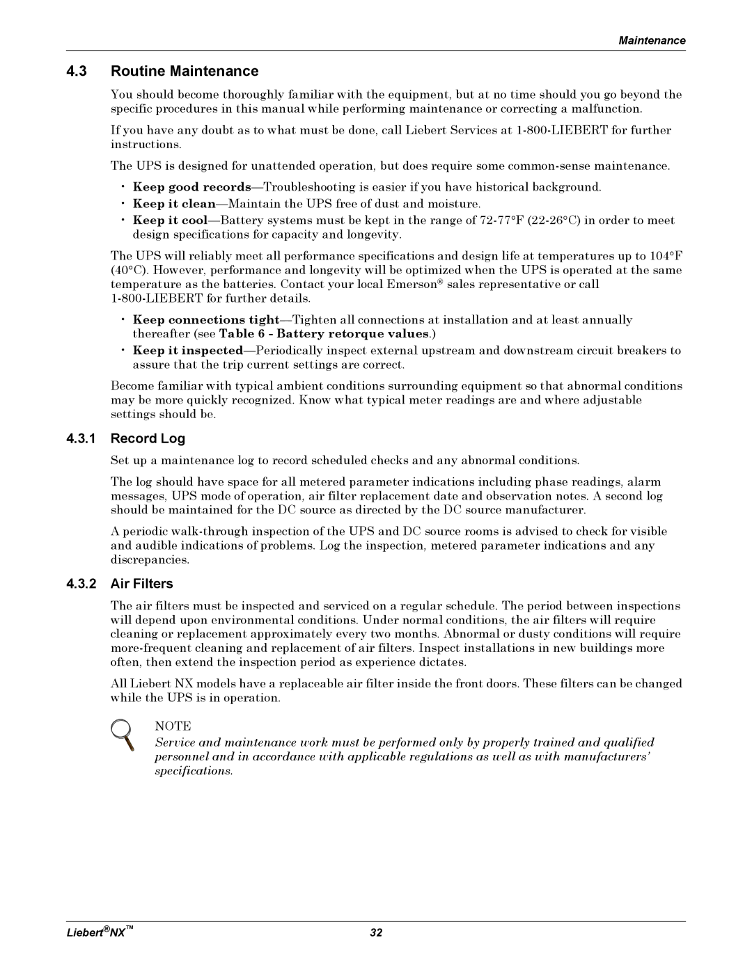 Emerson NX manual Routine Maintenance, Record Log, Air Filters 