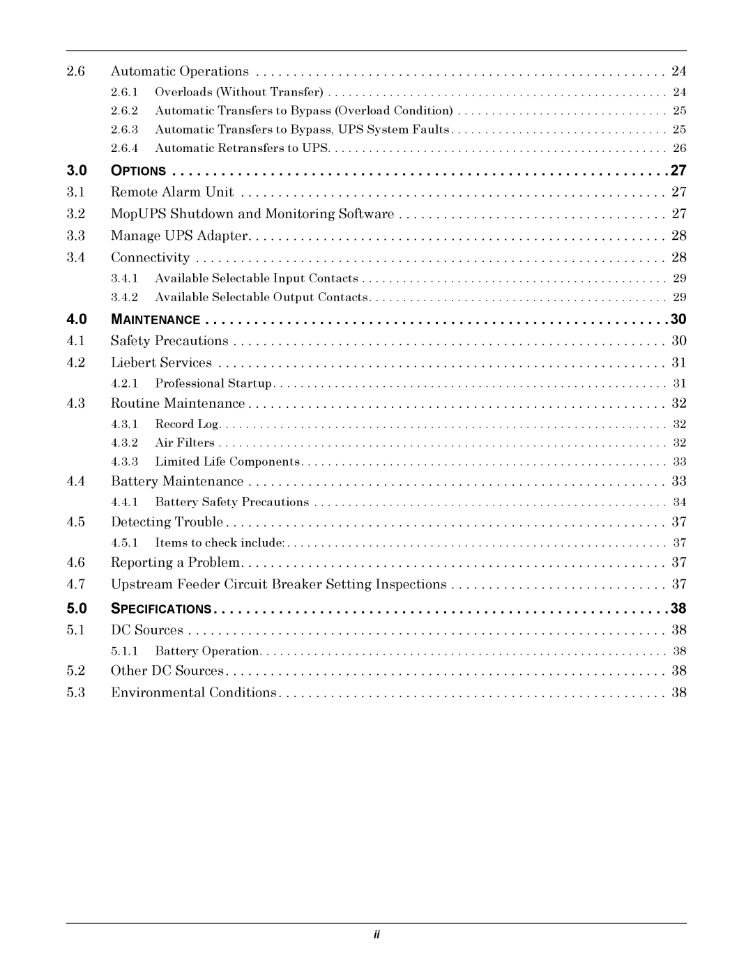 Emerson NX manual Options, Maintenance, Specifications 