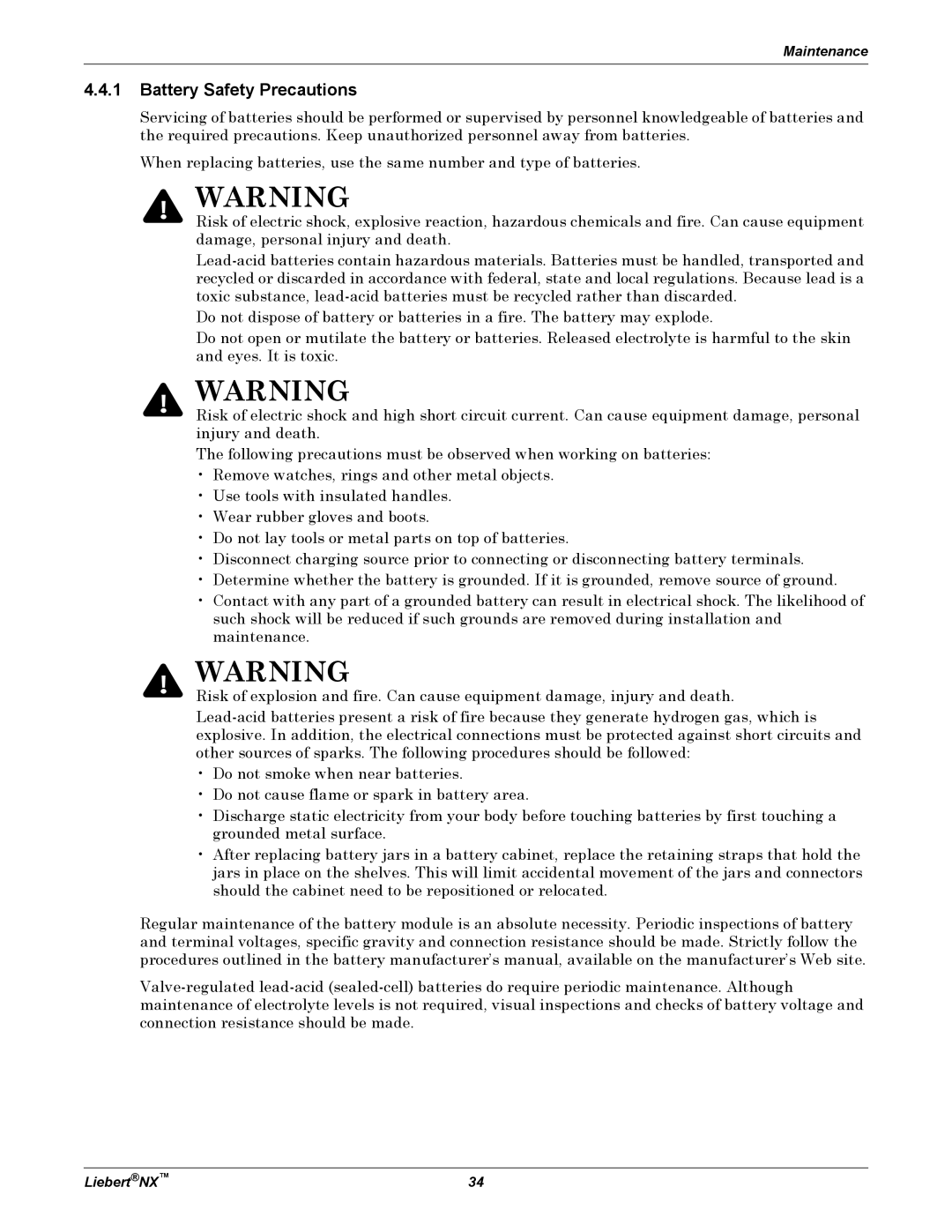 Emerson NX manual Battery Safety Precautions 