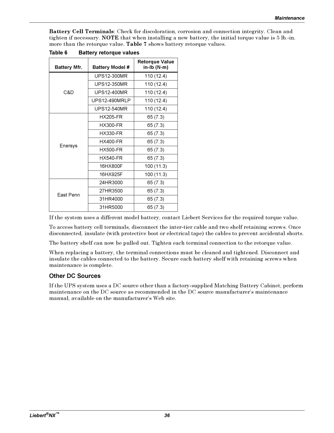 Emerson NX manual Other DC Sources, Battery retorque values, Retorque Value, Battery Mfr Battery Model # In-lb N-m 