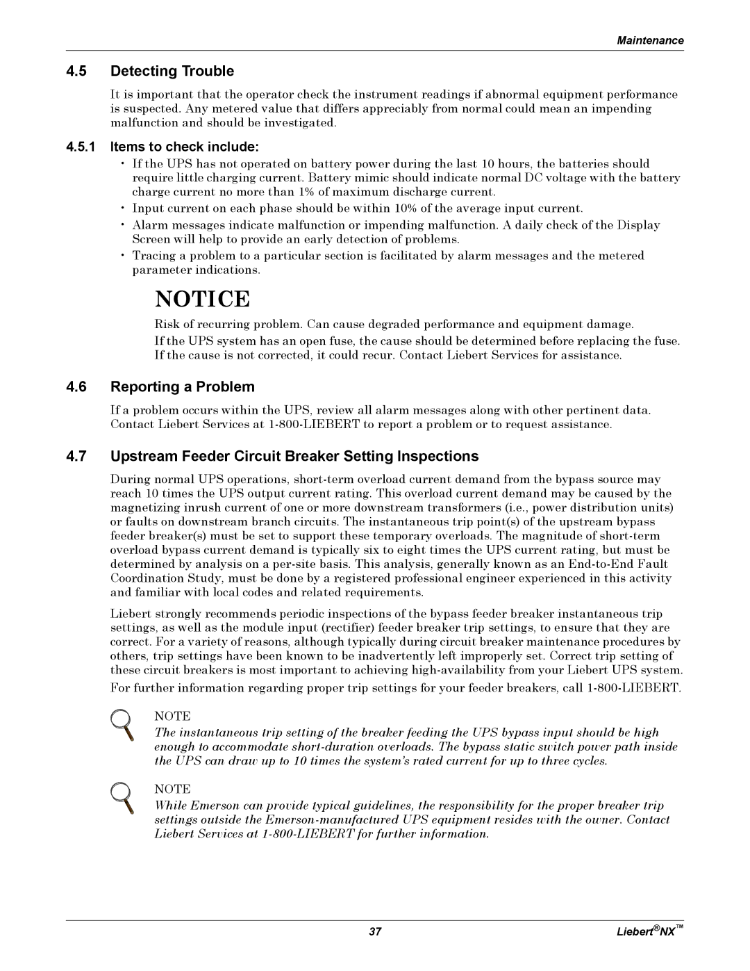 Emerson NX manual Detecting Trouble, Reporting a Problem, Upstream Feeder Circuit Breaker Setting Inspections 