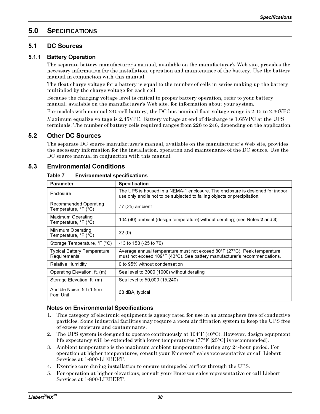 Emerson NX manual Other DC Sources, Environmental Conditions, Battery Operation, Environmental specifications 