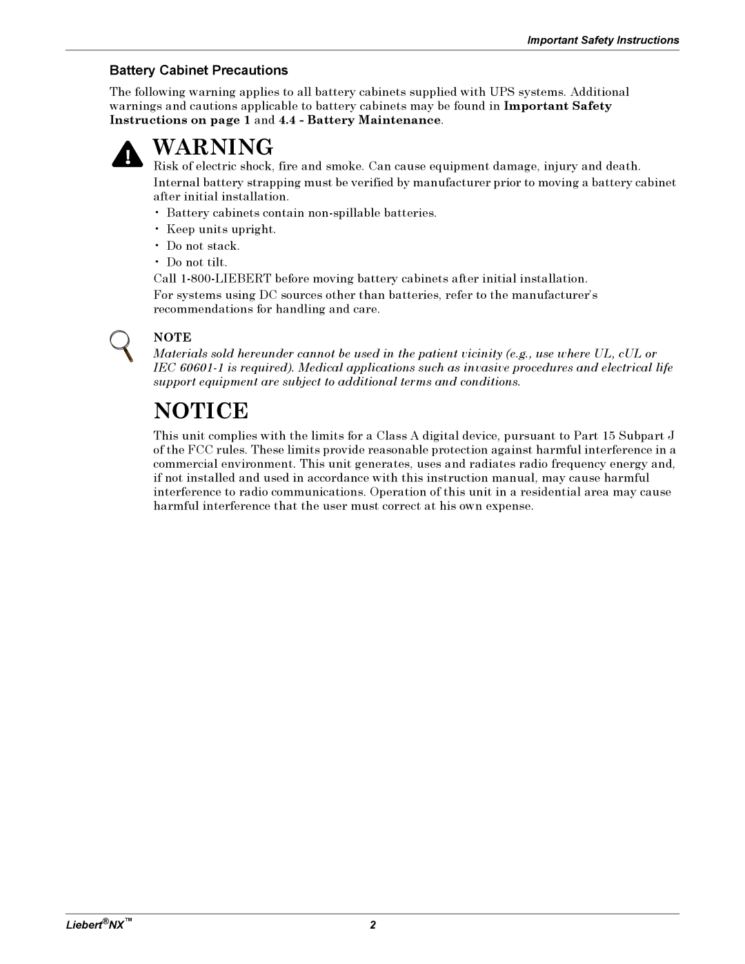 Emerson NX manual Battery Cabinet Precautions 