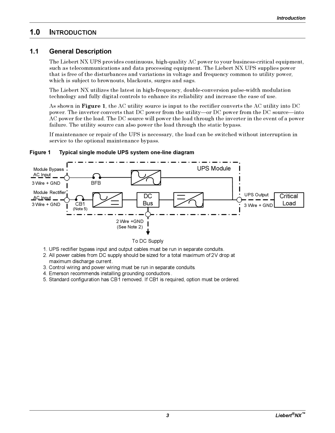 Emerson NX manual General Description, Typical single module UPS system one-line diagram 