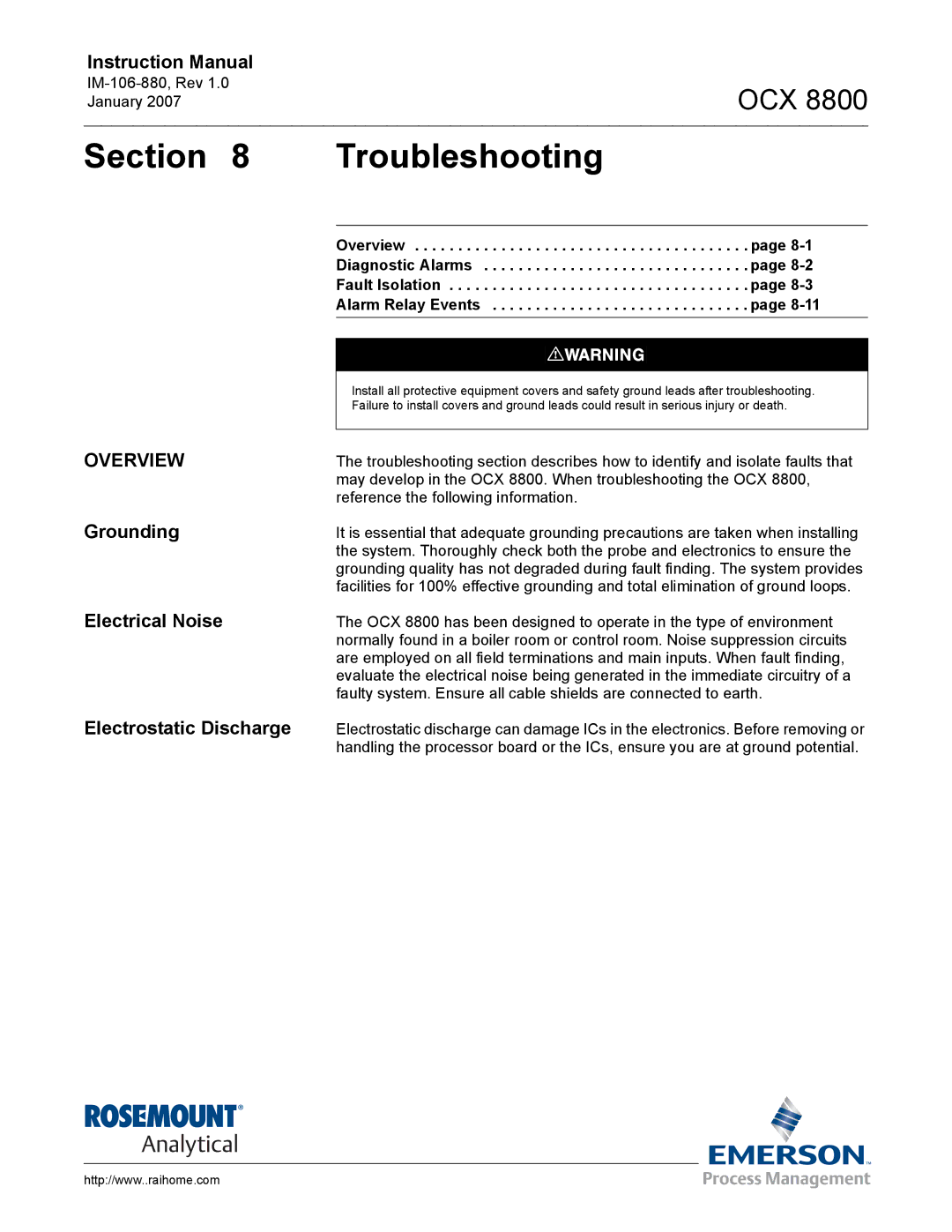 Emerson OCX 8800 instruction manual Troubleshooting, Grounding Electrical Noise Electrostatic Discharge 