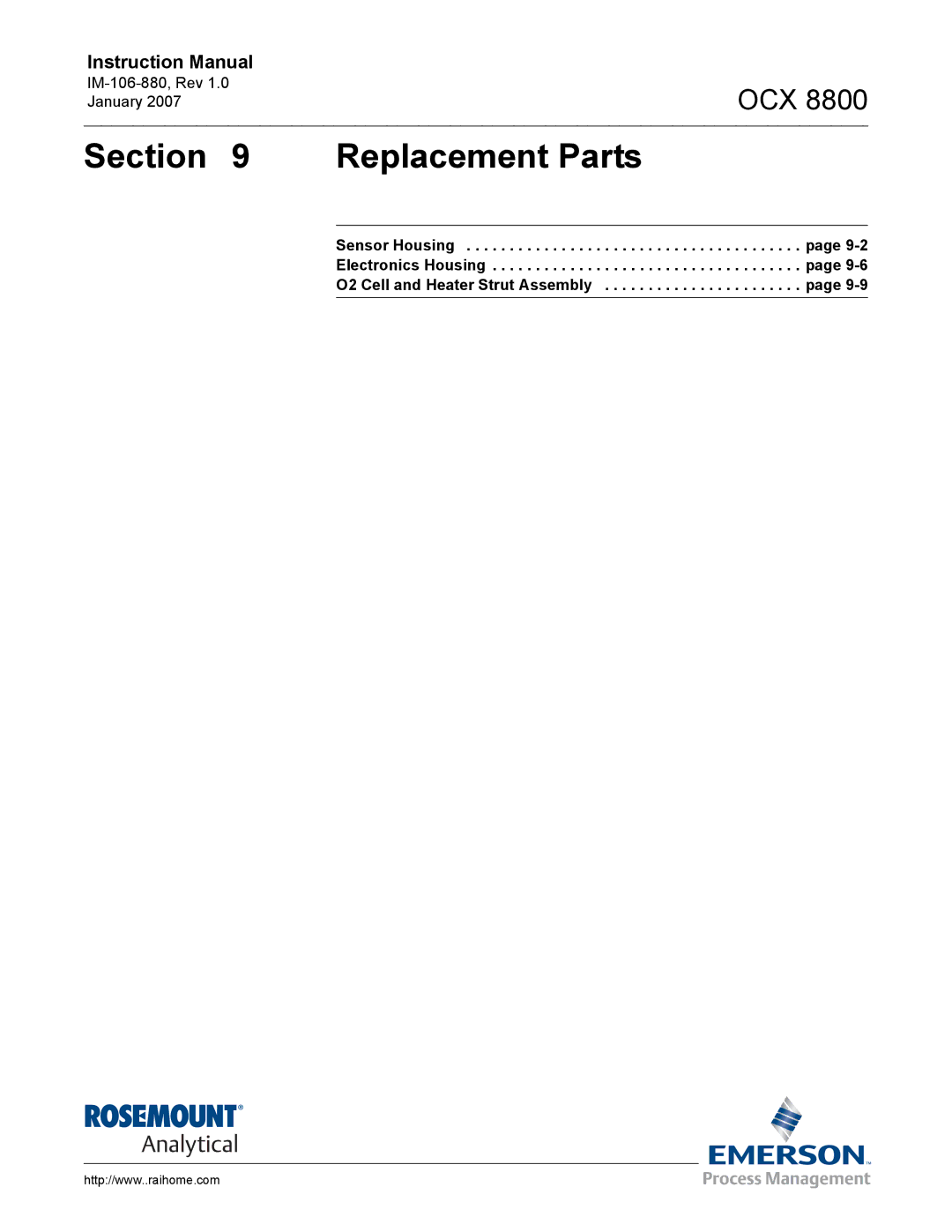 Emerson OCX 8800 instruction manual Replacement Parts, O2 Cell and Heater Strut Assembly 