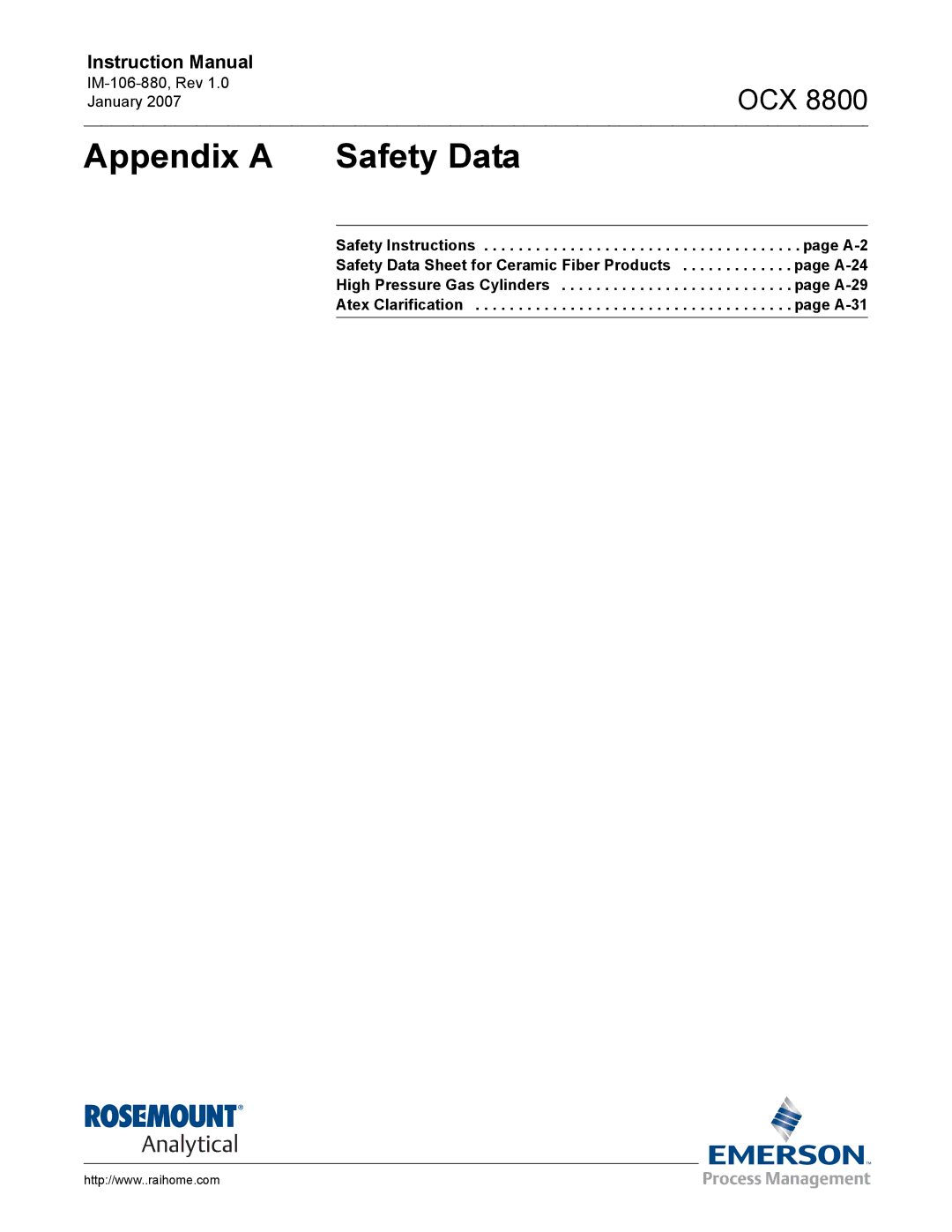 Emerson OCX 8800 instruction manual Appendix a Safety Data 