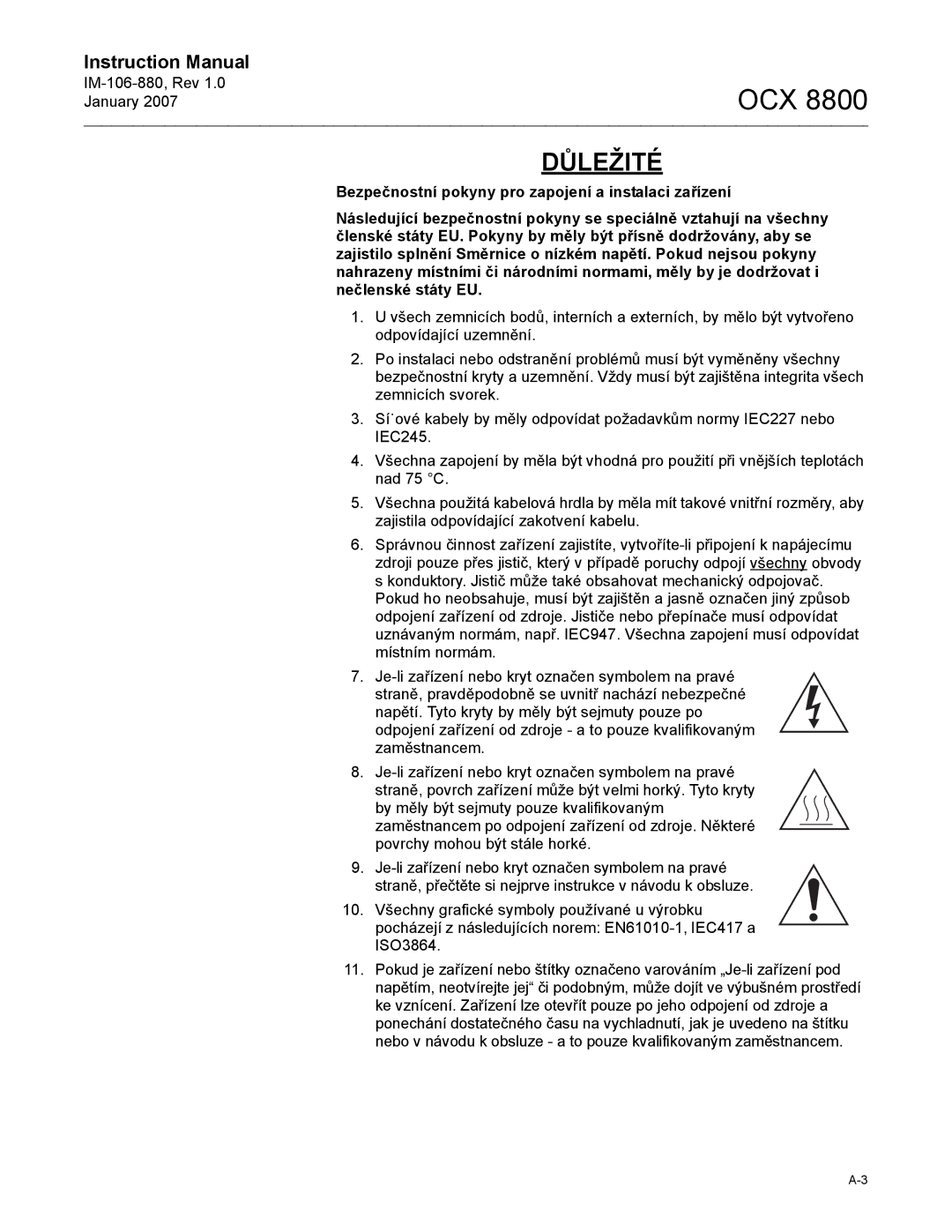 Emerson OCX 8800 instruction manual Důležité 