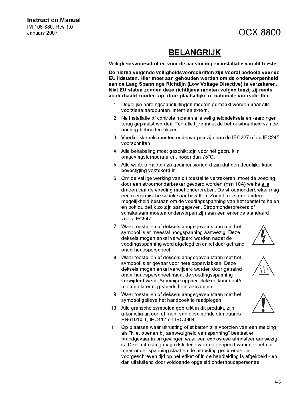 Emerson OCX 8800 instruction manual Belangrijk 