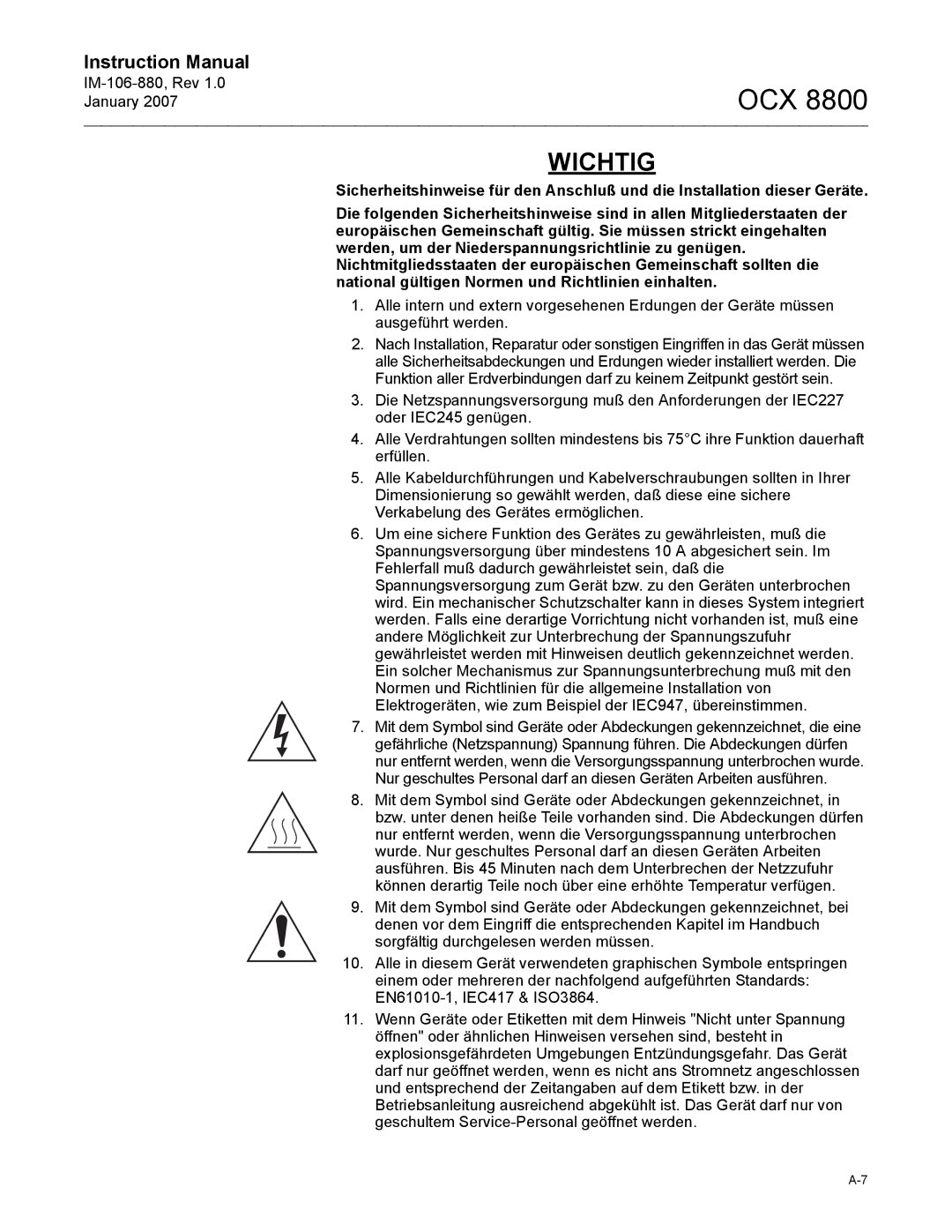 Emerson OCX 8800 instruction manual Wichtig 