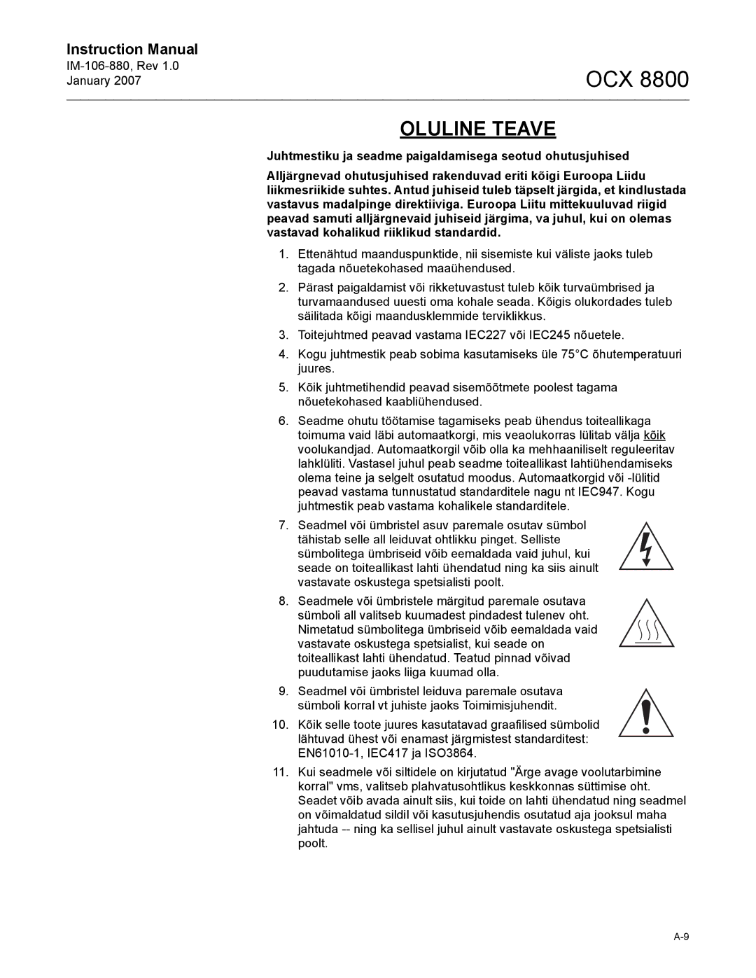 Emerson OCX 8800 instruction manual Oluline Teave 