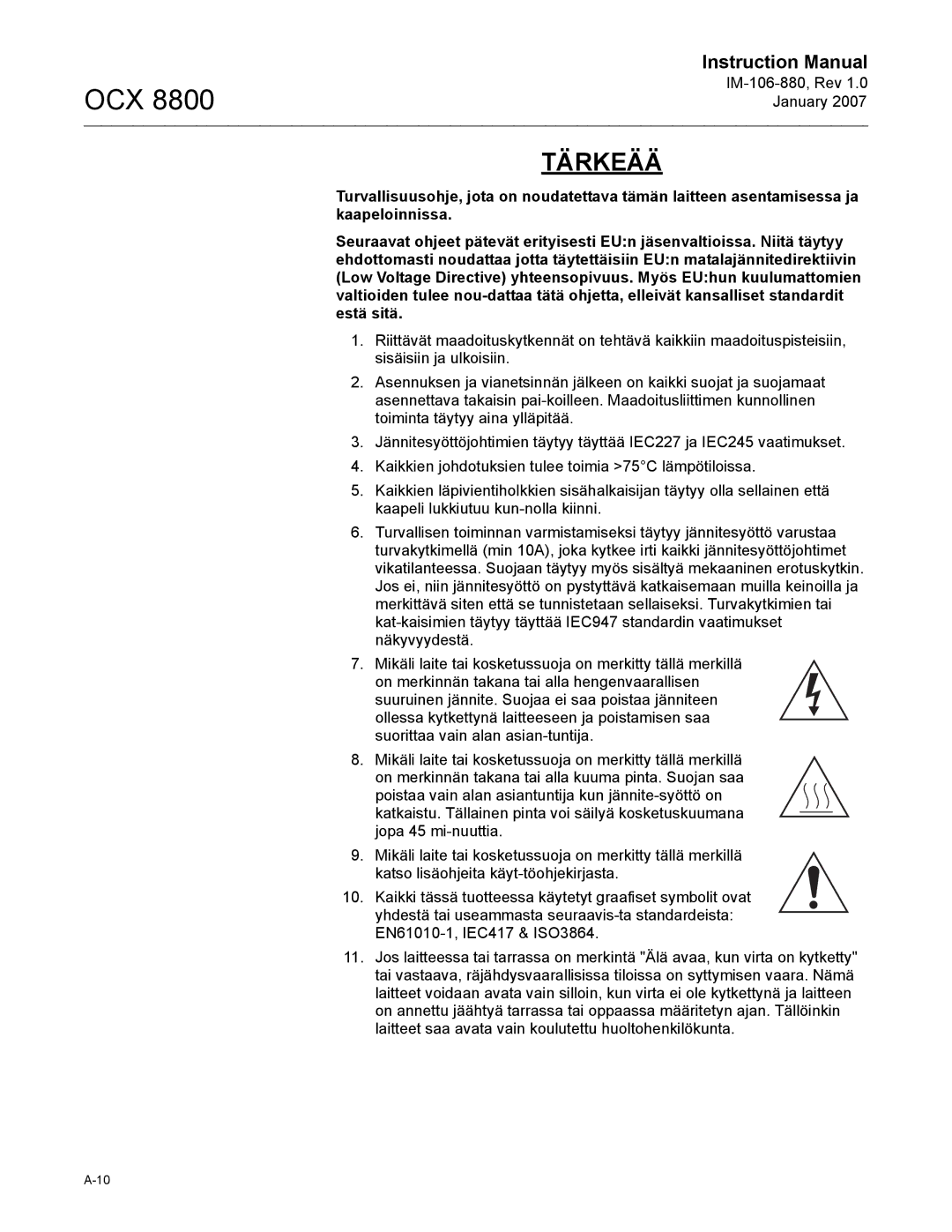 Emerson OCX 8800 instruction manual Tärkeää 