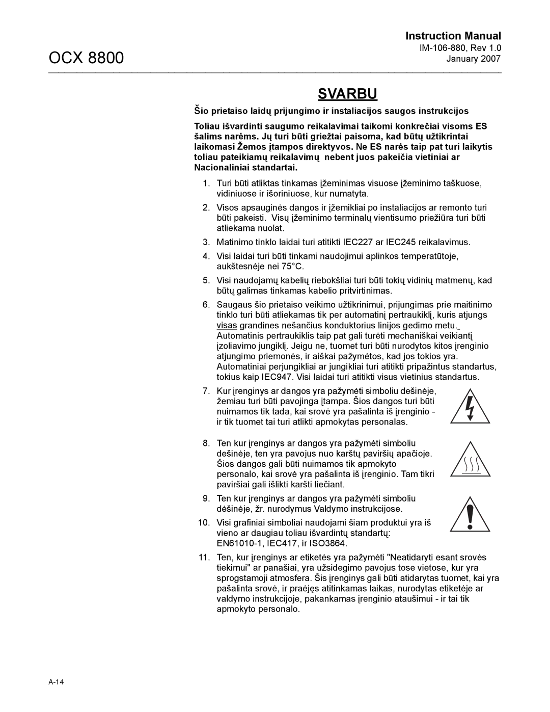 Emerson OCX 8800 instruction manual Svarbu 