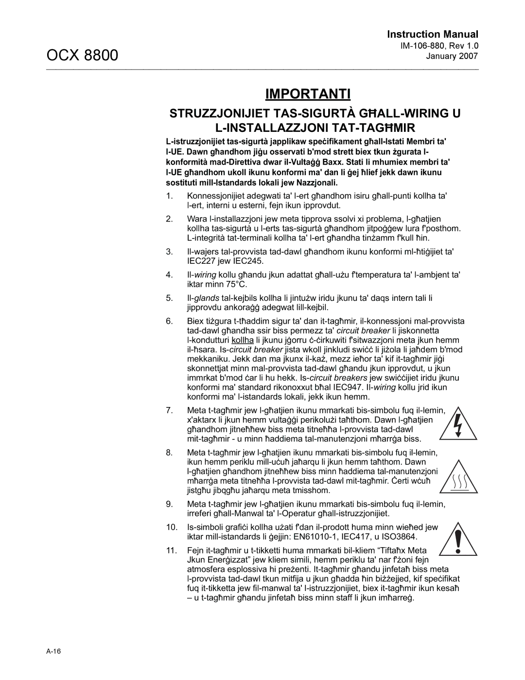 Emerson OCX 8800 instruction manual Importanti 