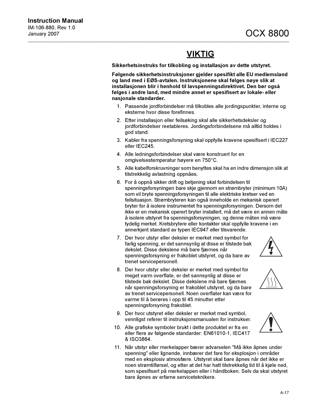 Emerson OCX 8800 instruction manual Viktig 