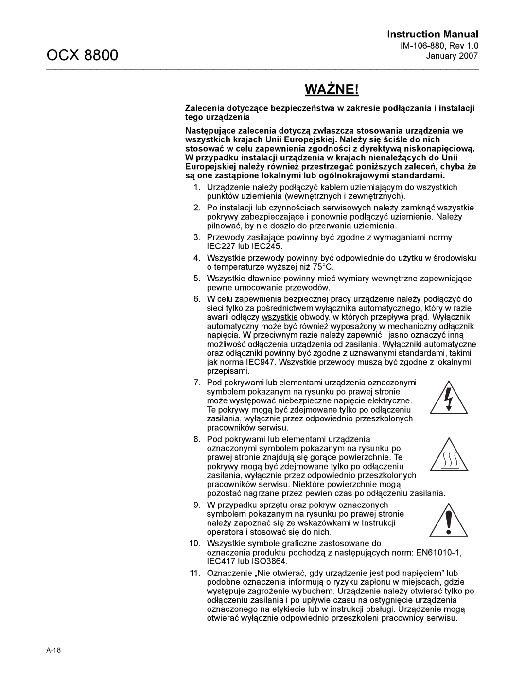 Emerson OCX 8800 instruction manual Ważne 