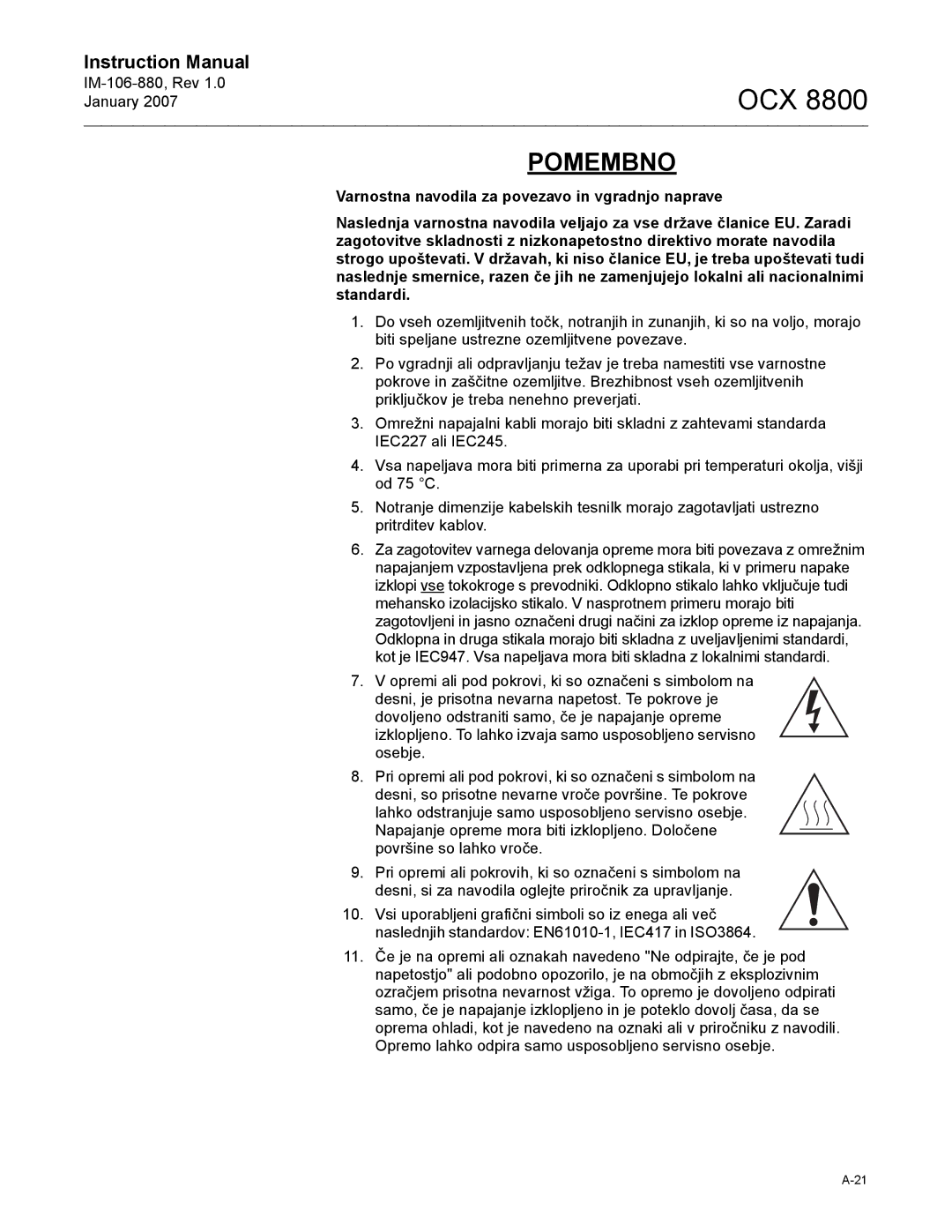 Emerson OCX 8800 instruction manual Pomembno 