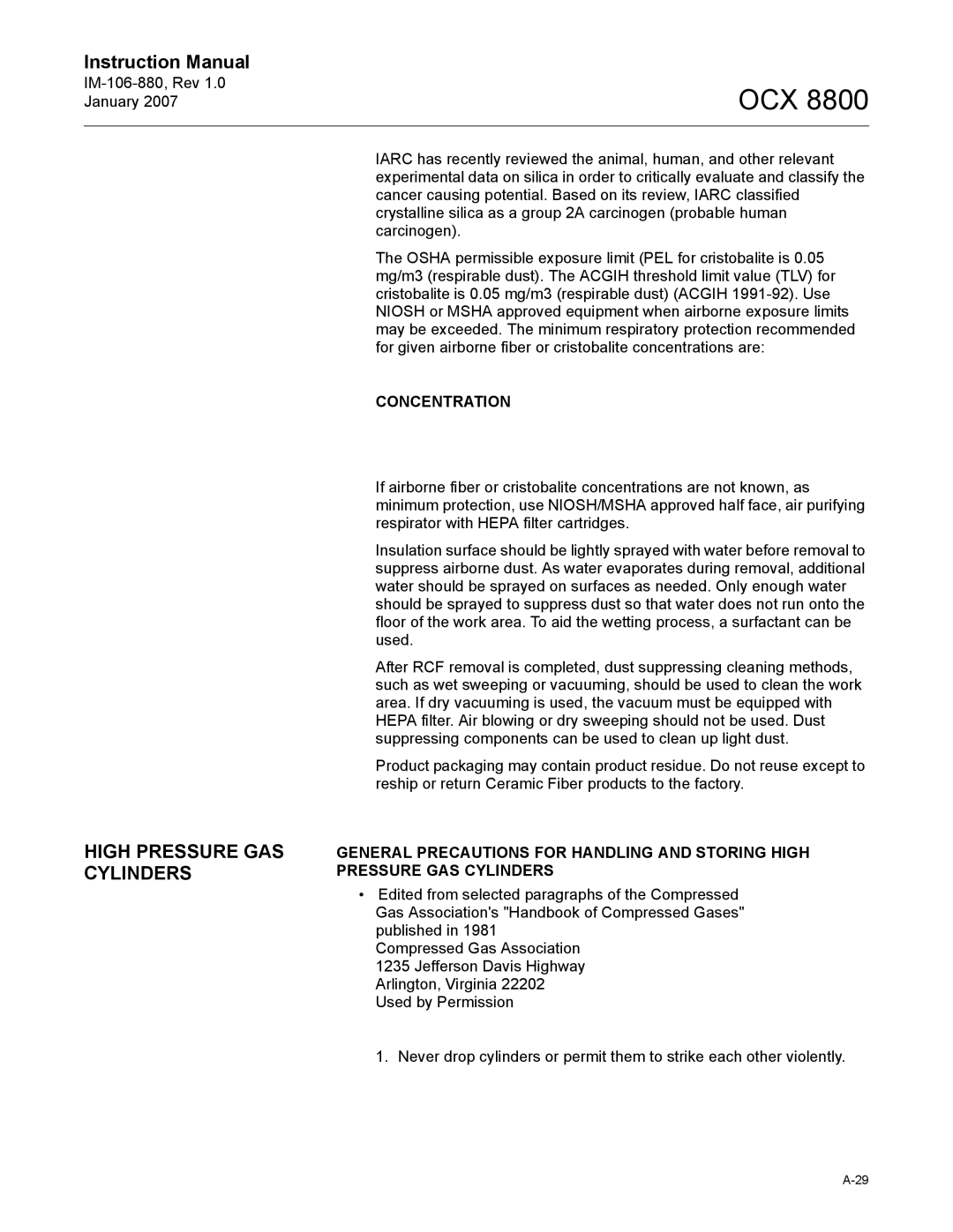 Emerson OCX 8800 instruction manual High Pressure GAS Cylinders, Concentration 