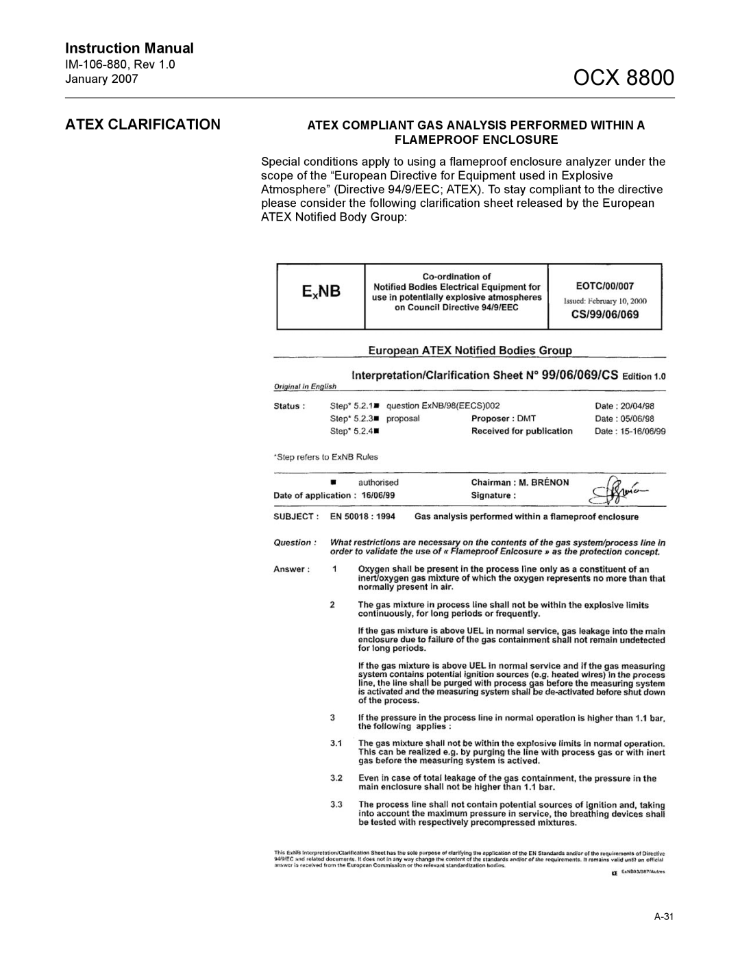 Emerson OCX 8800 instruction manual Atex Clarification 