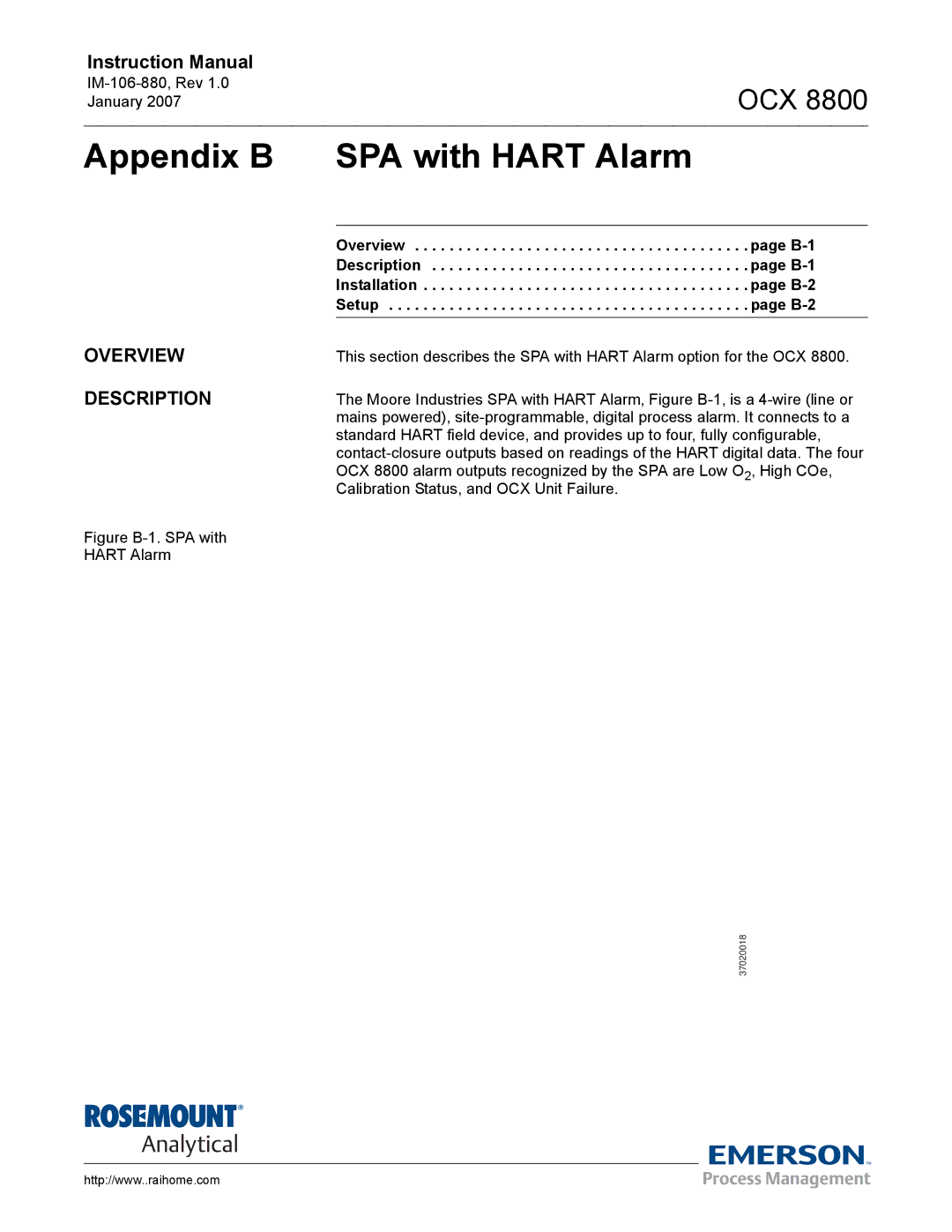 Emerson OCX 8800 instruction manual Appendix B SPA with Hart Alarm, Description, B-1, B-2 