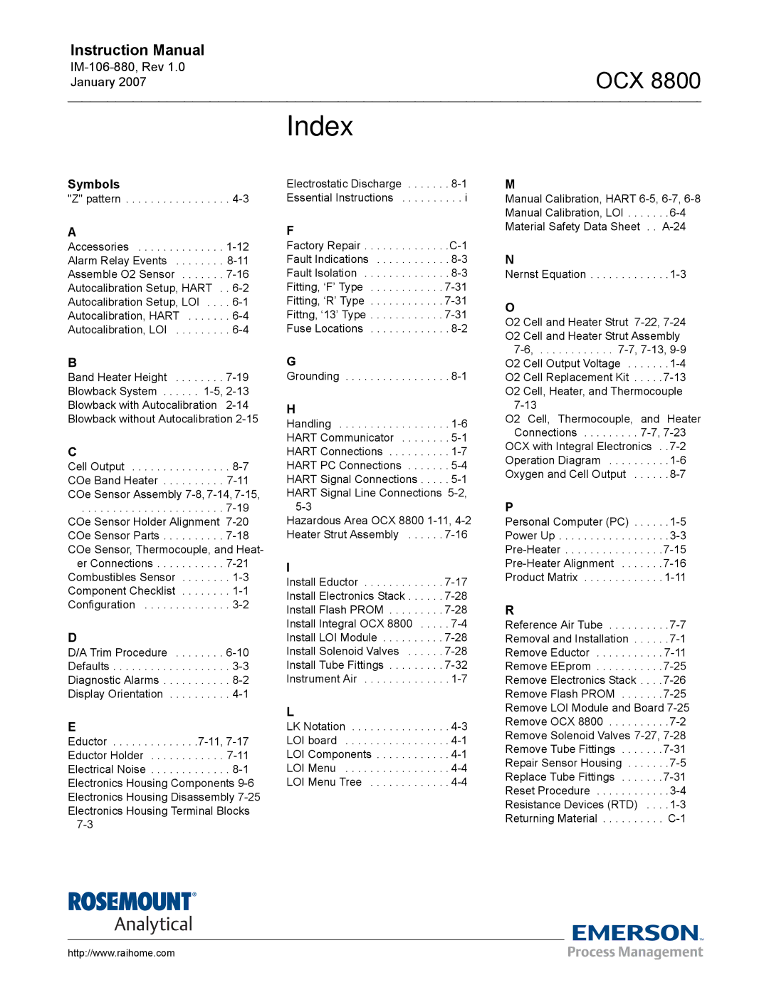 Emerson OCX 8800 instruction manual Index, Symbols 