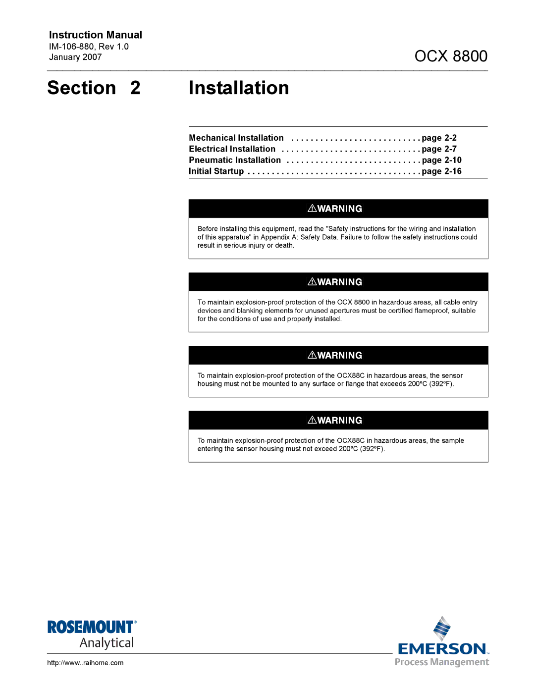 Emerson OCX 8800 instruction manual Section Installation 