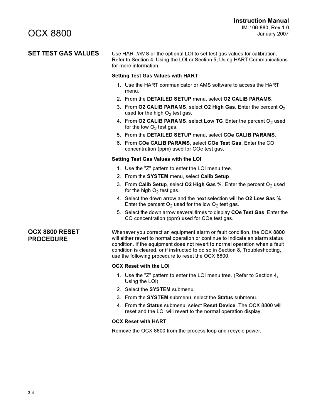 Emerson instruction manual SET Test GAS Values, OCX 8800 Reset Procedure 