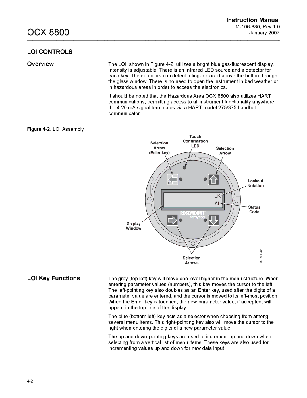 Emerson OCX 8800 instruction manual LOI Controls, Overview, LOI Key Functions 