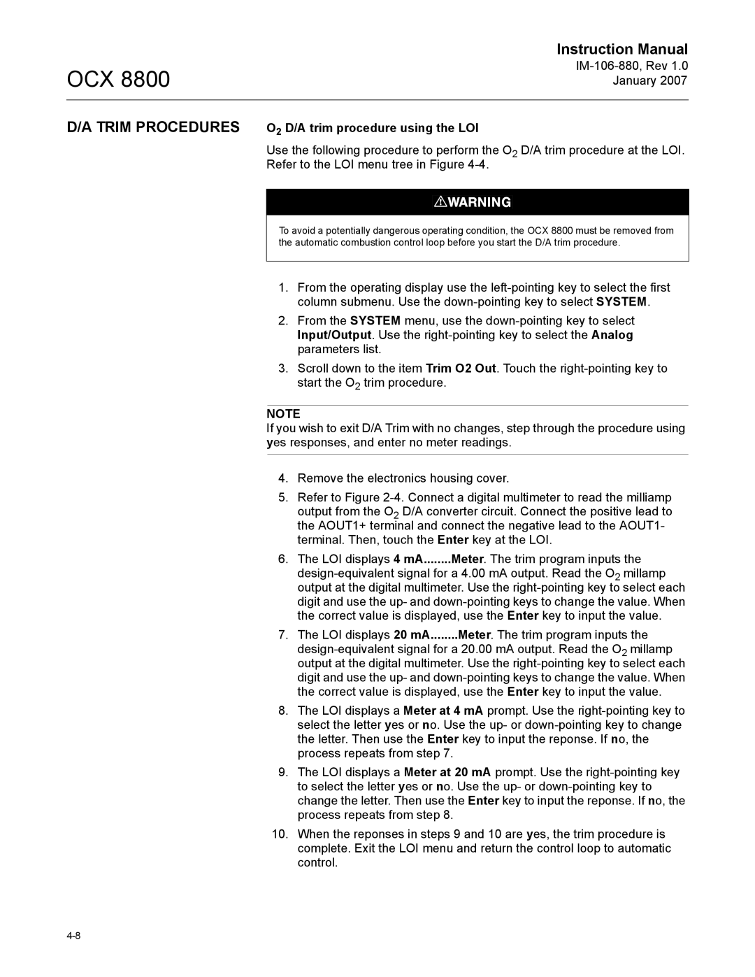 Emerson OCX 8800 instruction manual Trim Procedures O2 D/A trim procedure using the LOI 