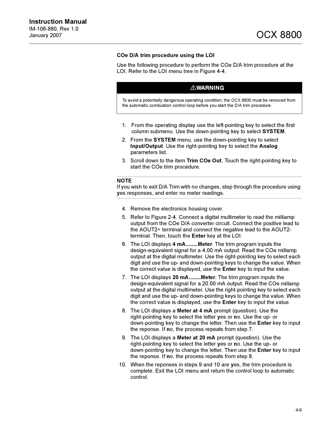 Emerson OCX 8800 instruction manual COe D/A trim procedure using the LOI 