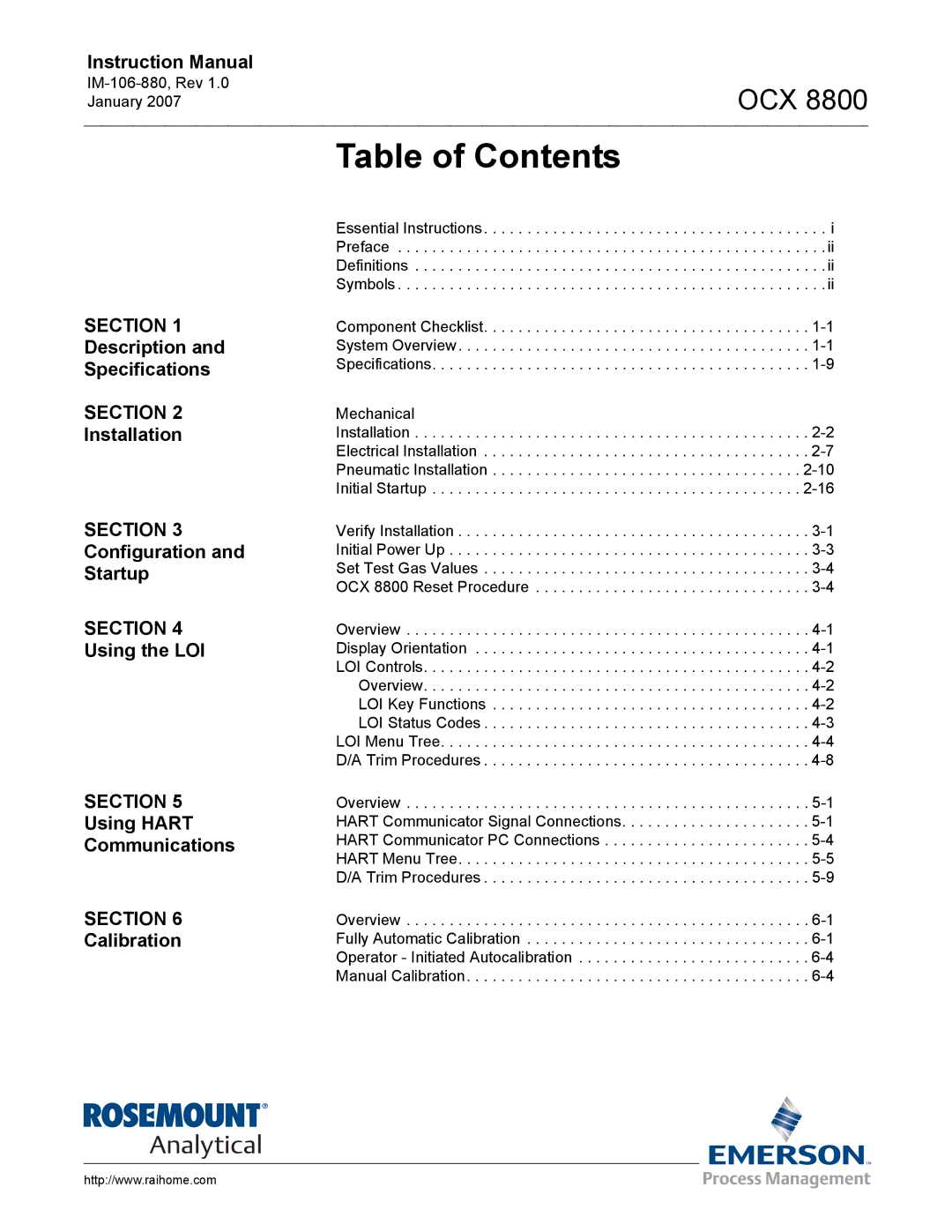 Emerson OCX 8800 instruction manual Table of Contents 