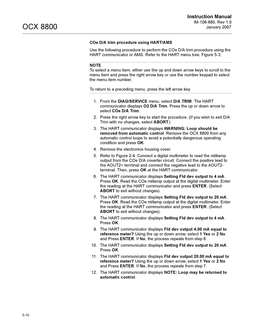 Emerson OCX 8800 instruction manual COe D/A trim procedure using HART/AMS 