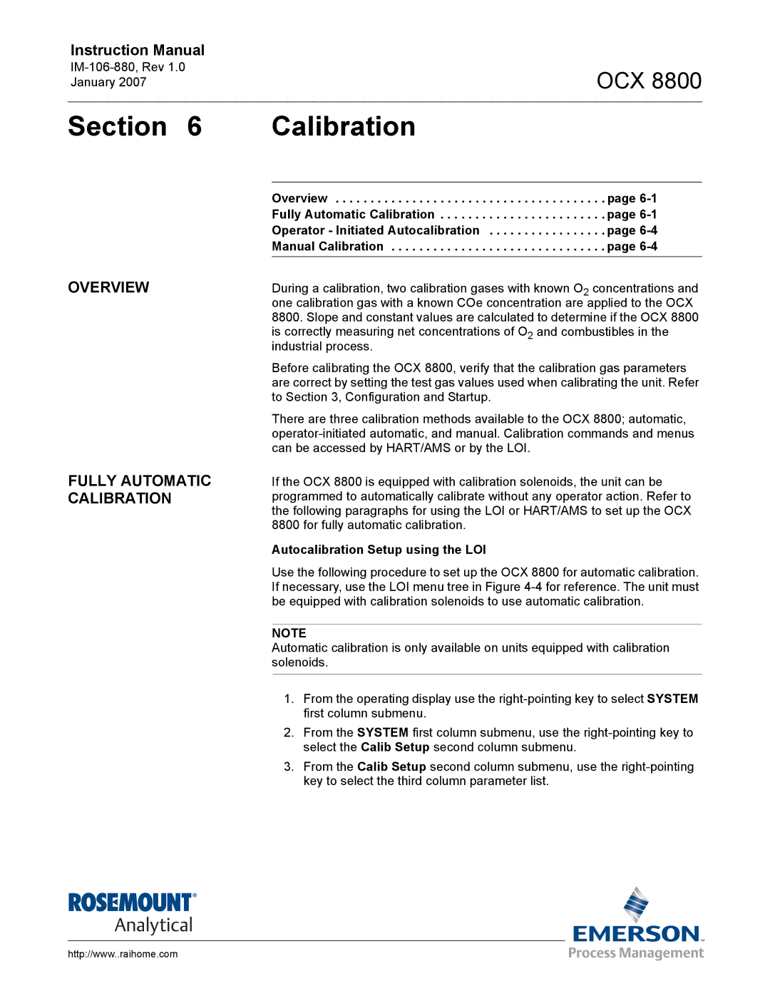 Emerson OCX 8800 Section Calibration, Overview Fully Automatic Calibration, Autocalibration Setup using the LOI 