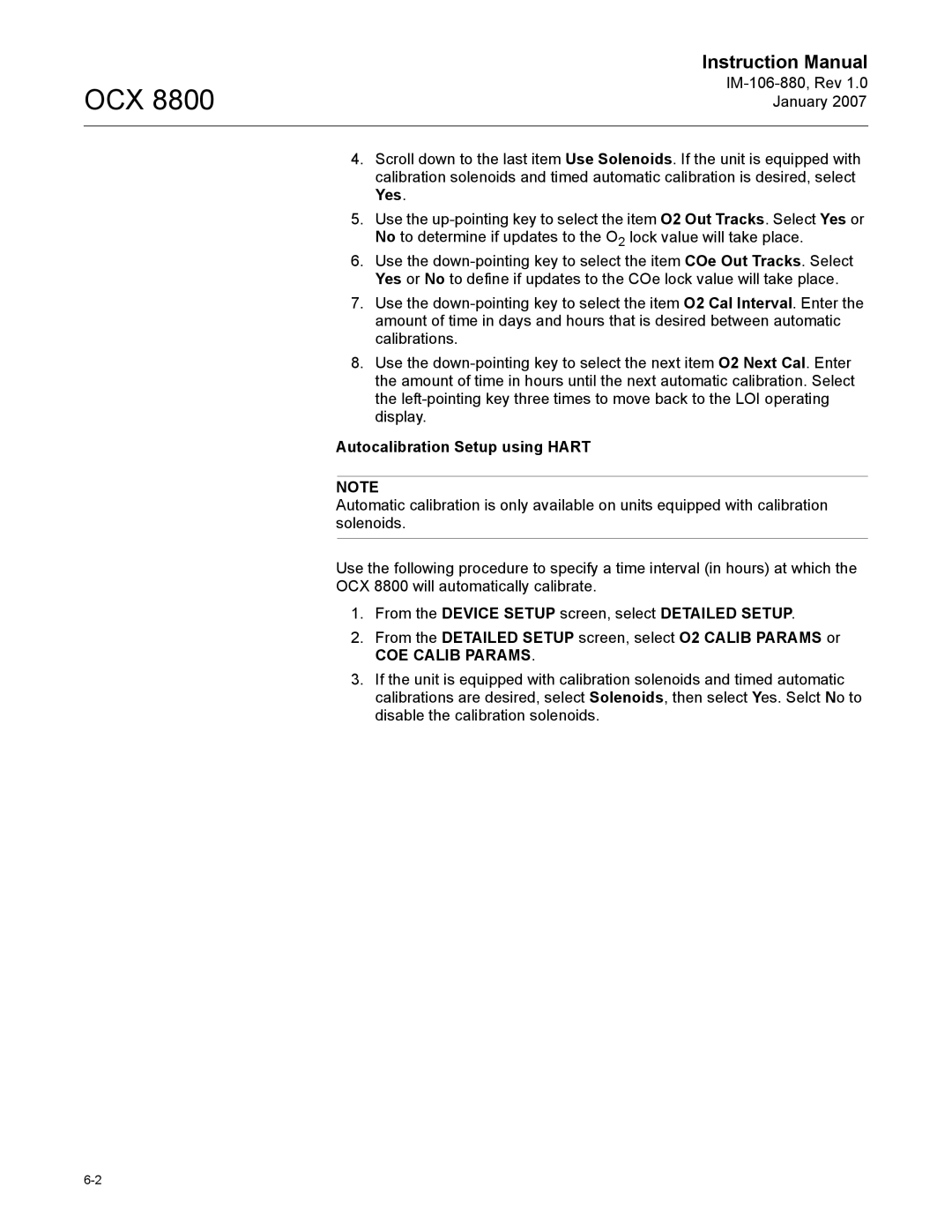 Emerson OCX 8800 instruction manual Autocalibration Setup using Hart, COE Calib Params 