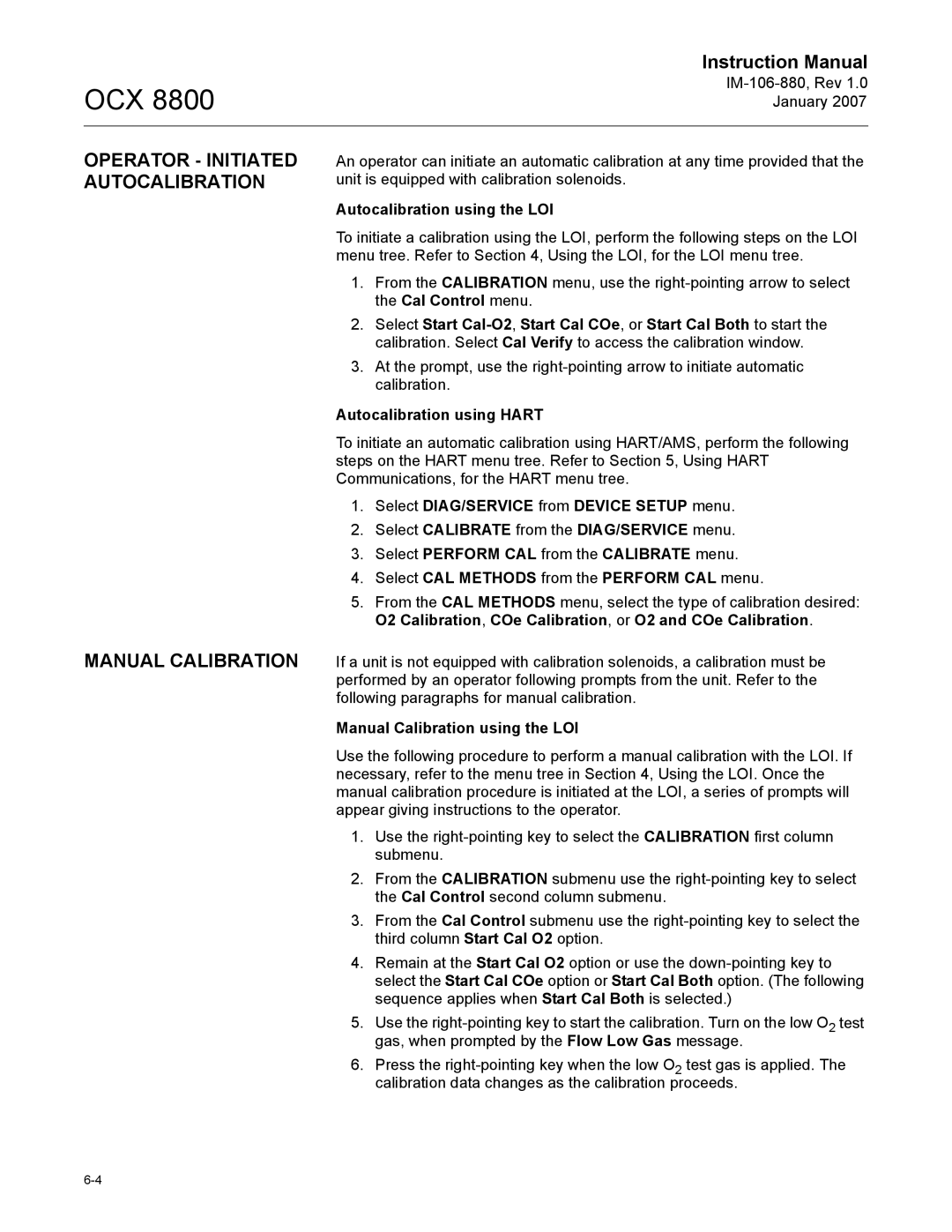 Emerson OCX 8800 instruction manual Operator Initiated Autocalibration Manual Calibration, Autocalibration using the LOI 