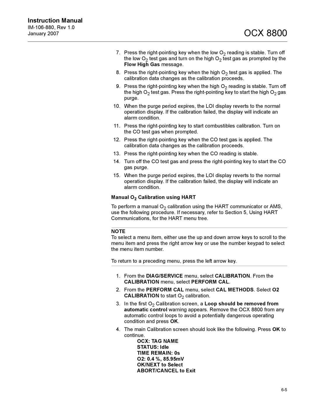 Emerson OCX 8800 instruction manual Manual O2 Calibration using Hart 