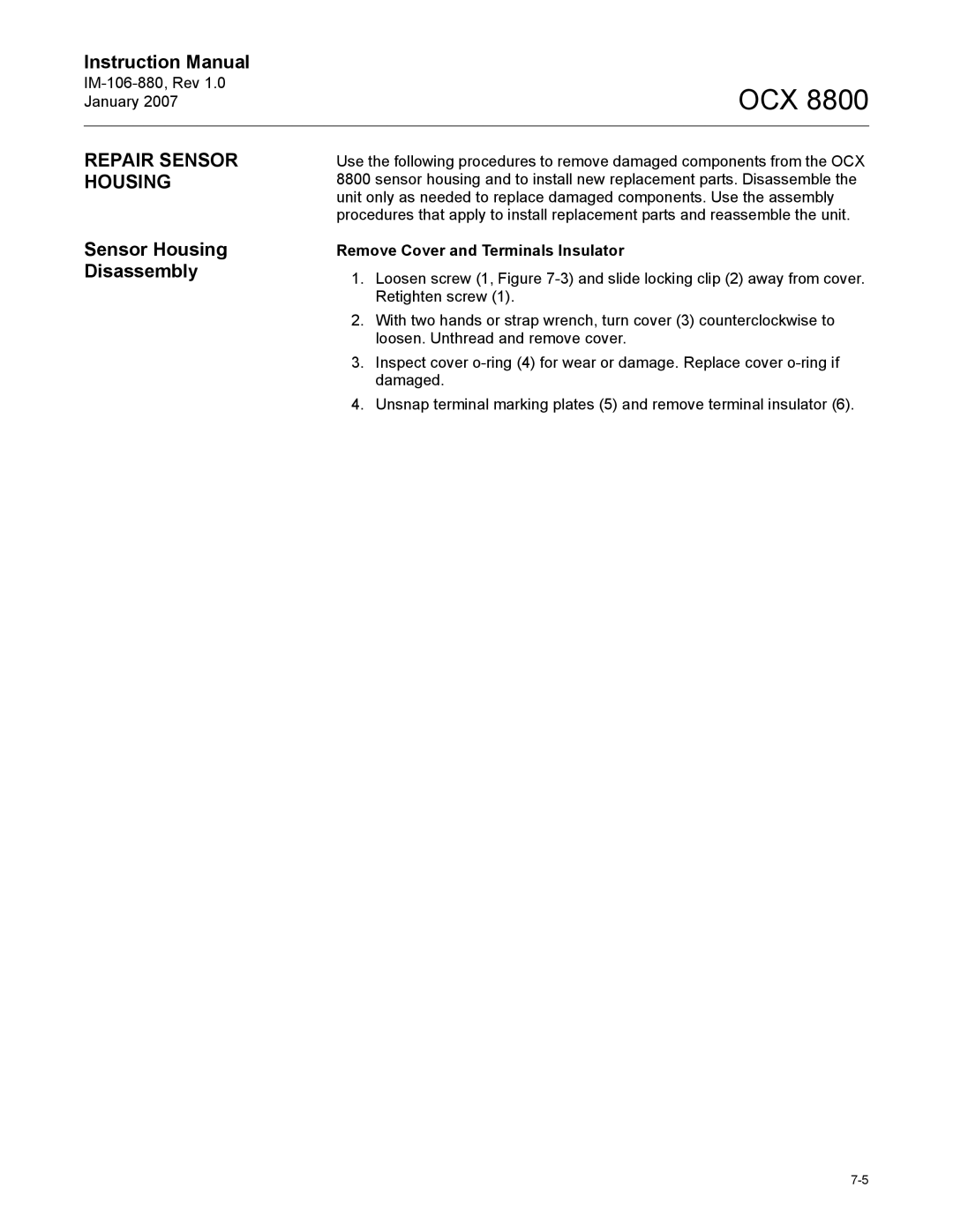 Emerson OCX 8800 instruction manual Repair Sensor Housing, Sensor Housing Disassembly, Remove Cover and Terminals Insulator 