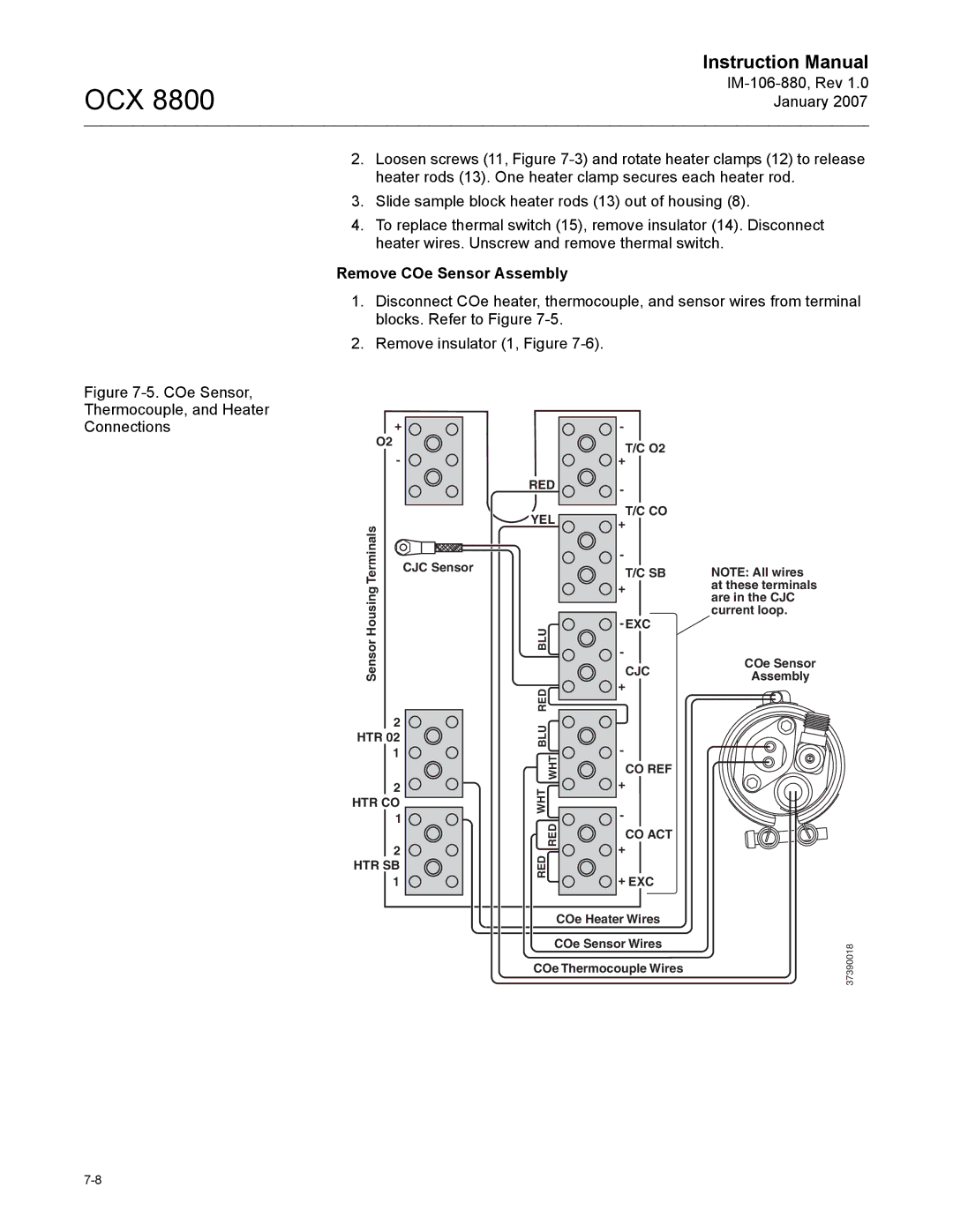 Emerson OCX 8800 instruction manual Remove COe Sensor Assembly, COe Sensor Thermocouple, and Heater Connections 