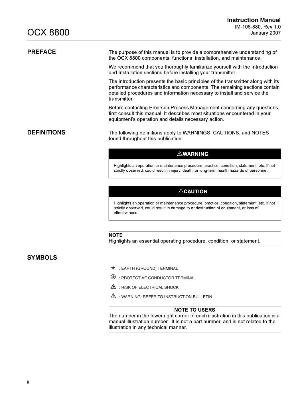 Emerson OCX 8800 instruction manual Preface, Definitions, Symbols 