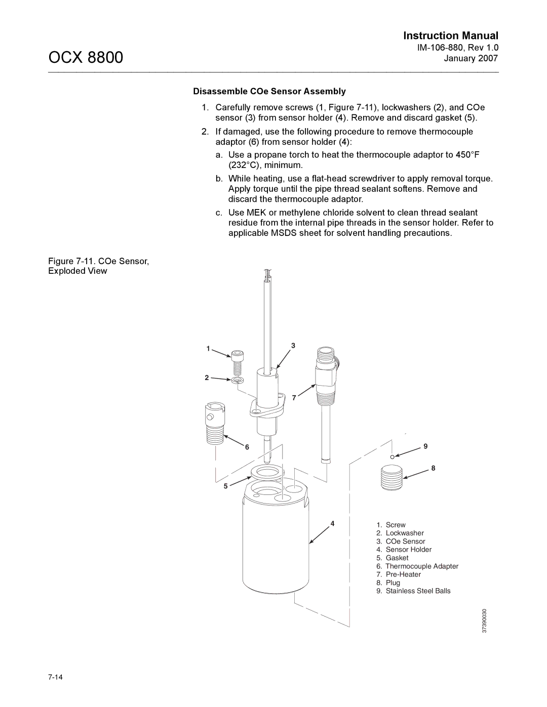 Emerson OCX 8800 instruction manual Disassemble COe Sensor Assembly, COe Sensor Exploded View 