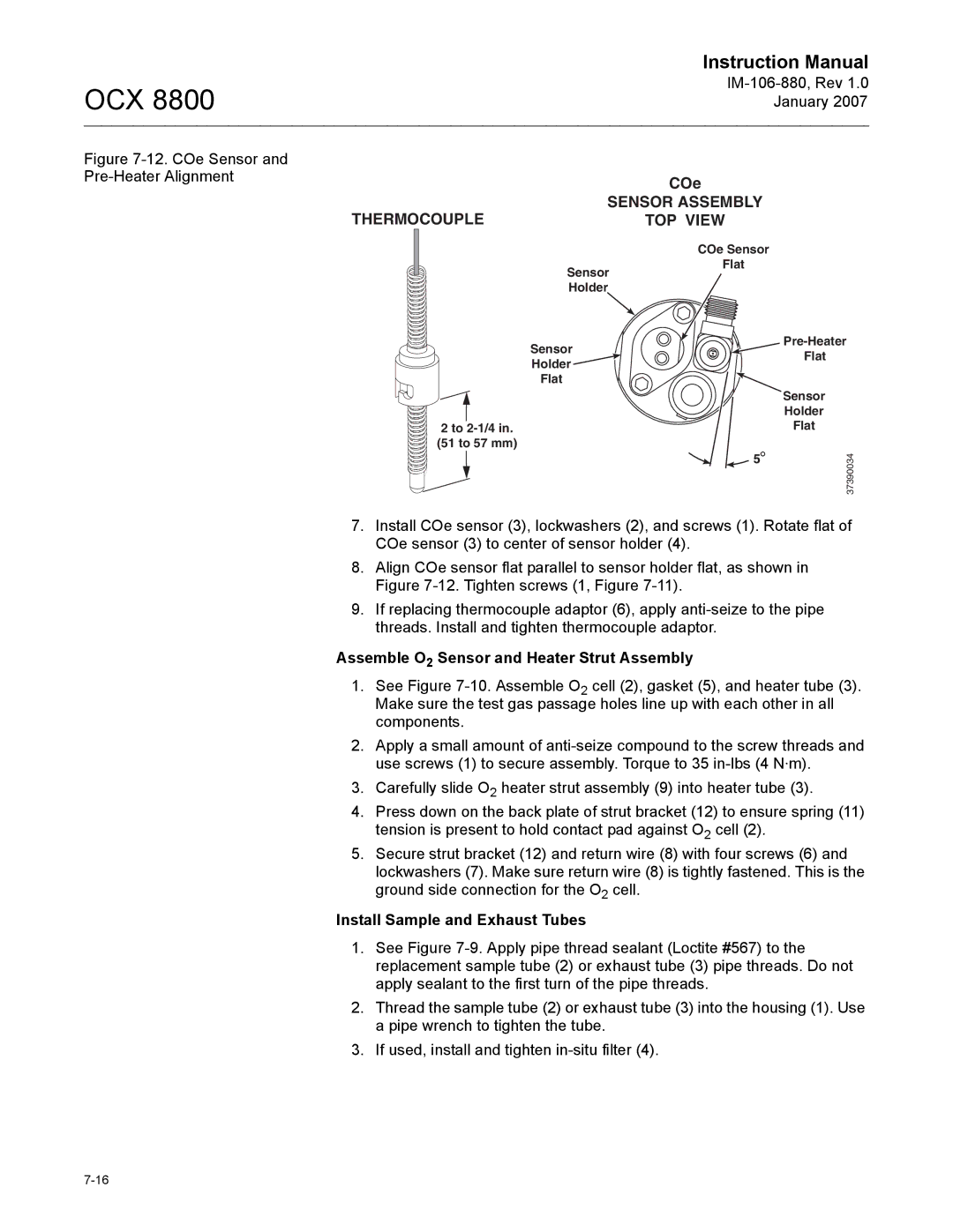 Emerson OCX 8800 instruction manual Assemble O2 Sensor and Heater Strut Assembly, Install Sample and Exhaust Tubes 