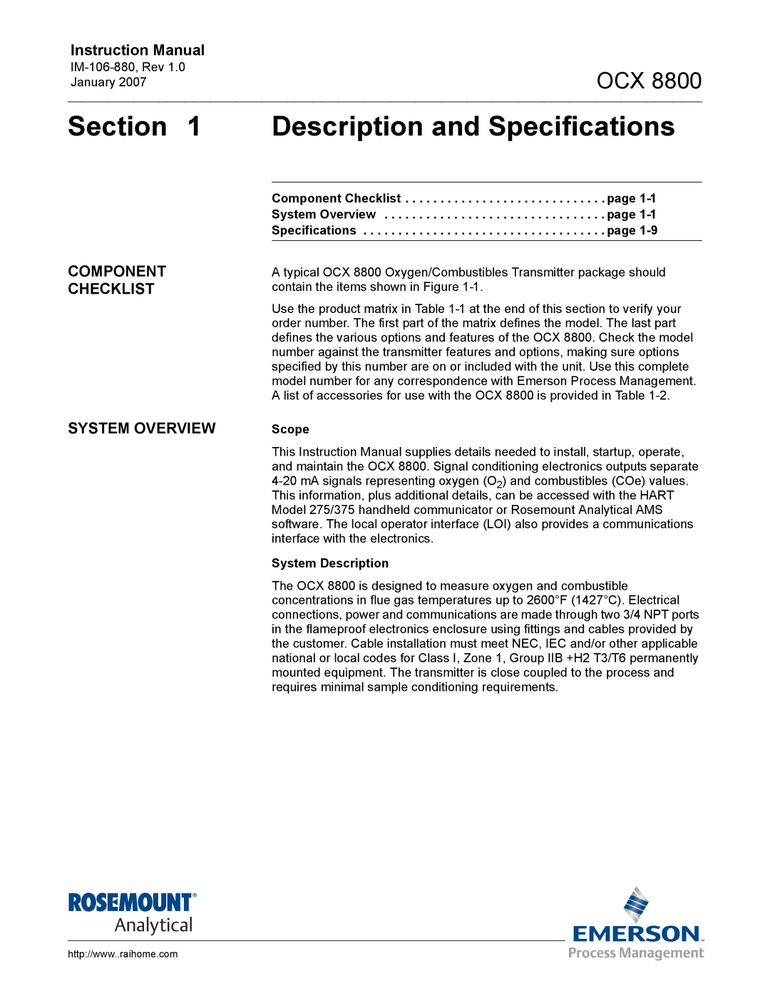 Emerson OCX 8800 Description and Specifications, Component Checklist System Overview, Scope System Description 