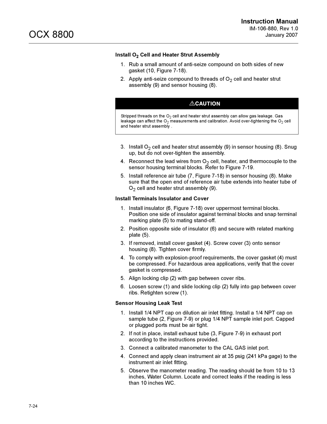 Emerson OCX 8800 instruction manual Install O2 Cell and Heater Strut Assembly, Install Terminals Insulator and Cover 