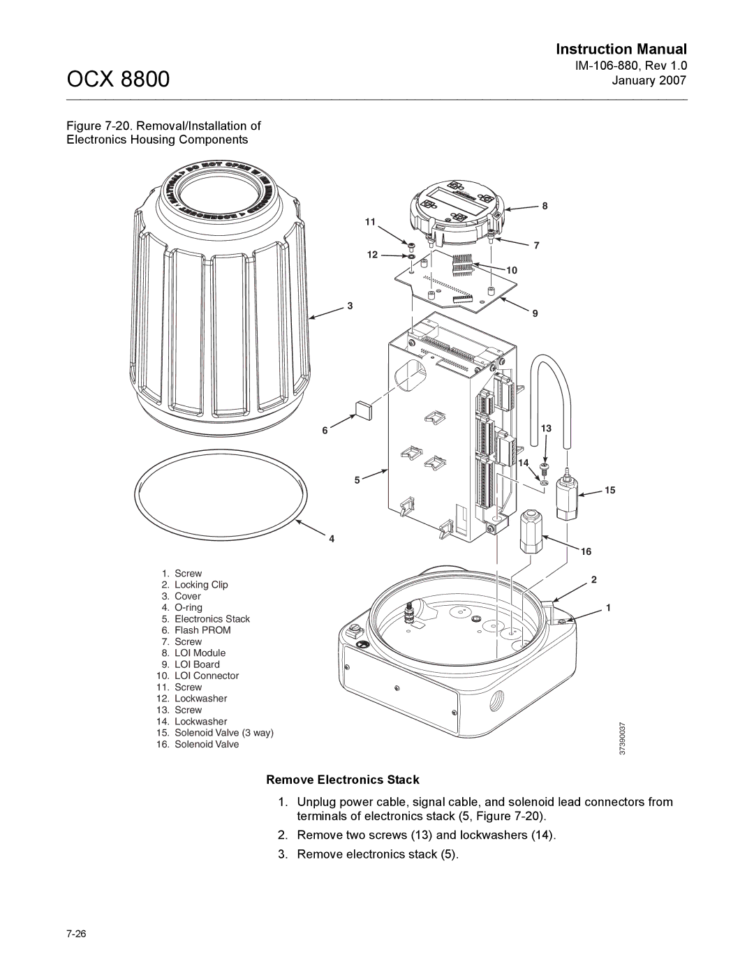 Emerson OCX 8800 instruction manual Removal/Installation of Electronics Housing Components, Remove Electronics Stack 